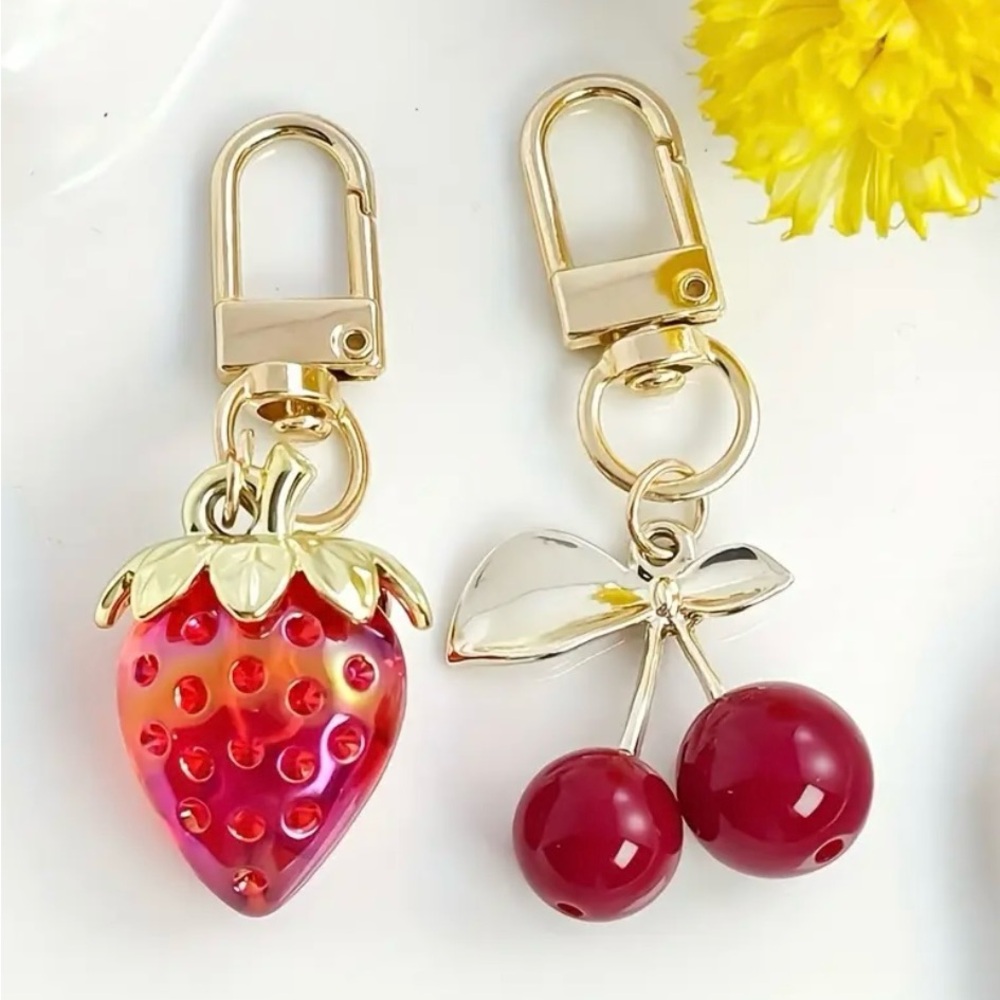 Strawberry and Cherry Set Keychain - Bag Charm - Gold Tone - Picture 1 of 1